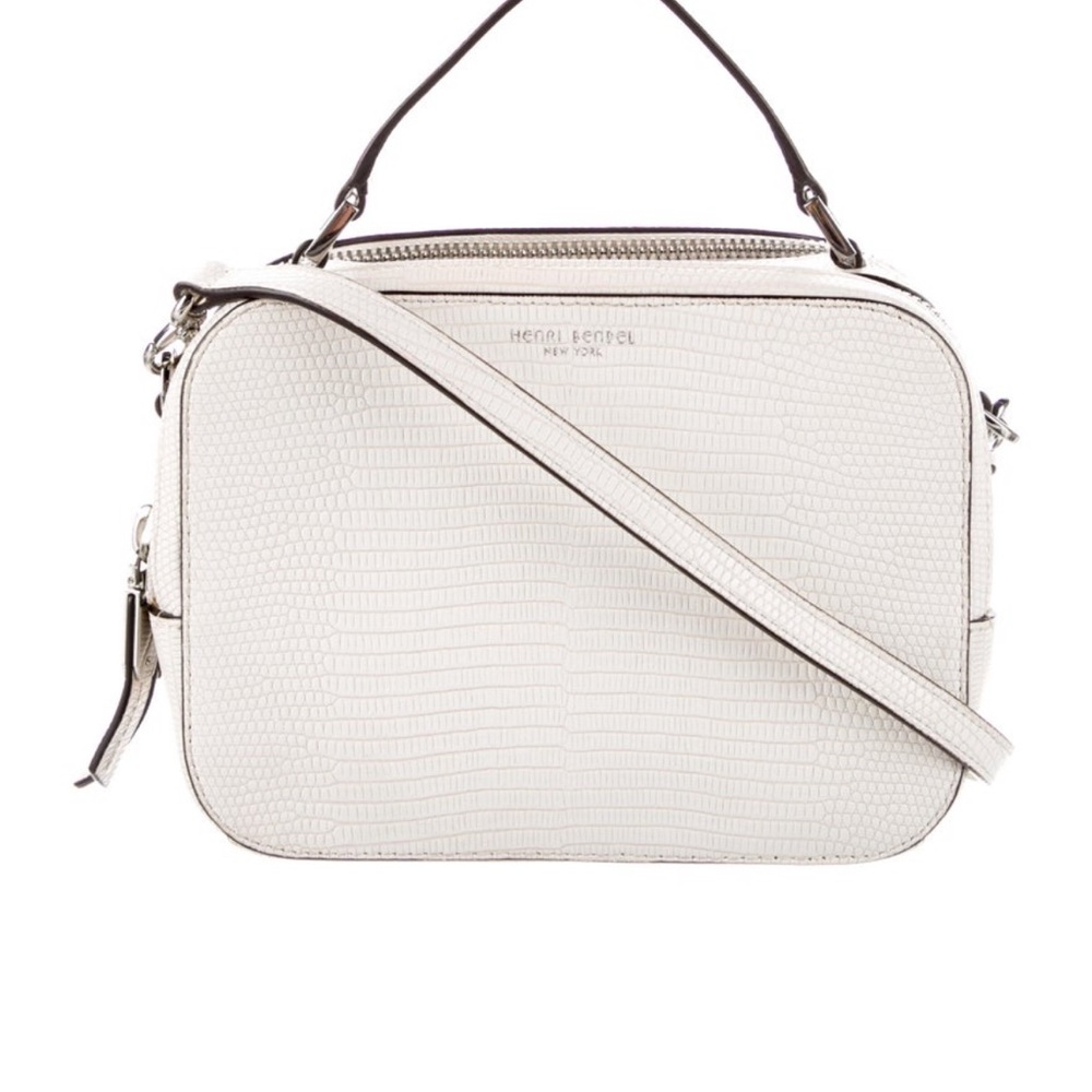 Henri Bendel Cream Lizard-Embossed Double Zipped Camera Bag